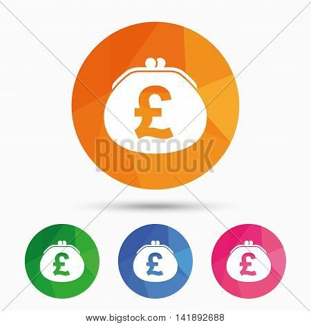 Wallet pound sign icon. Cash bag symbol. Triangular low poly button with flat icon. Vector