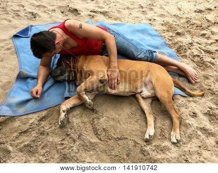 Great friendship between a man and his south african mastiff