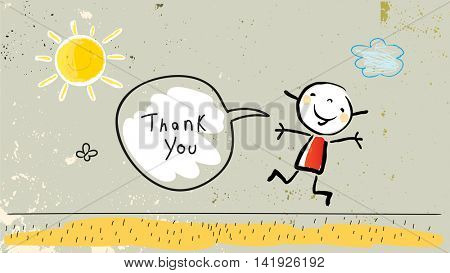 Kids thank you card vector illustration. Jumping child saying thank you in a speech balloon. Sketch, scribble style doodle.