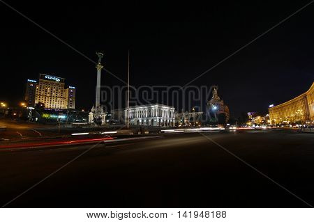 Kiev Ukraine - May 31 2016: Night traffic on Independence Square
