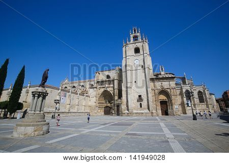 PALENCIA SPAIN - JULY 10 2016: Palencia Cathedral (Catedral de san Antolin) popularly known as the unknown beauty in Palencia a city in Castile and Leon northwest Spain