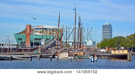 AMSTERDAM NETHERLAND 01 10 2015: Netherlands. Science Center NEMO is a science center designed by Renzo Piano since 1997. It contains five floors of hands-on science exhibitions.