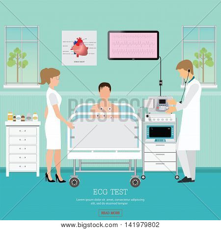 ECG Test or The Cardiac Test cardiology center room interior with blood pressure monitor healthy and medical flat design vector illustration.