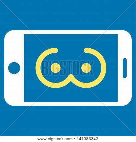 Mobile Female Erotics vector icon. Style is bicolor flat symbol, yellow and white colors, rounded angles, blue background.