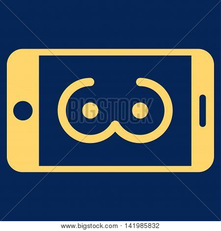 Mobile Female Erotics vector icon. Style is flat symbol, yellow color, rounded angles, blue background.