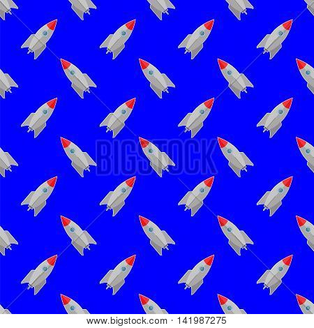 Space Rocket Flying on Blue Sky Background. Seamless Pattern