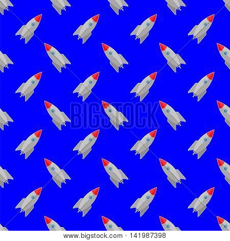 Space Rocket Flying on Blue Sky Background. Seamless Pattern