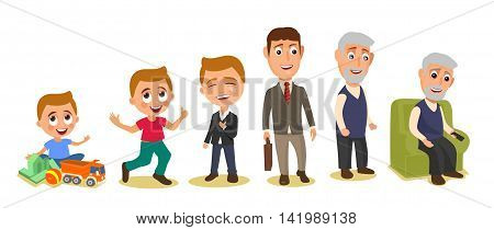 Set generations mans different ages from child to grandfather. Color flar vector illustration isolated on white background