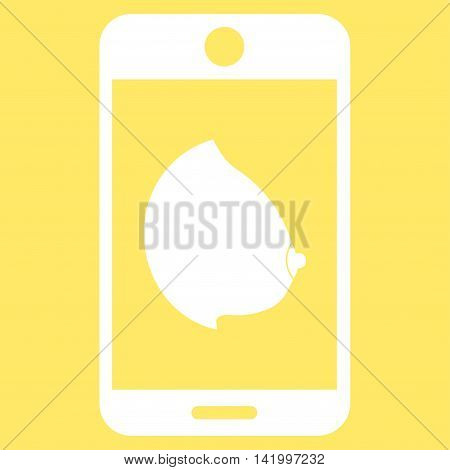 Mobile Erotic Tit vector icon. Style is flat symbol, white color, rounded angles, yellow background.