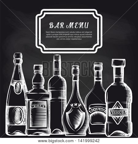 Bar menu background with hand drawn bottles on chalkboard. Vector illustration