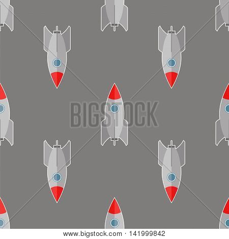 Space Rocket Flying on Grey Background. Seamless Pattern