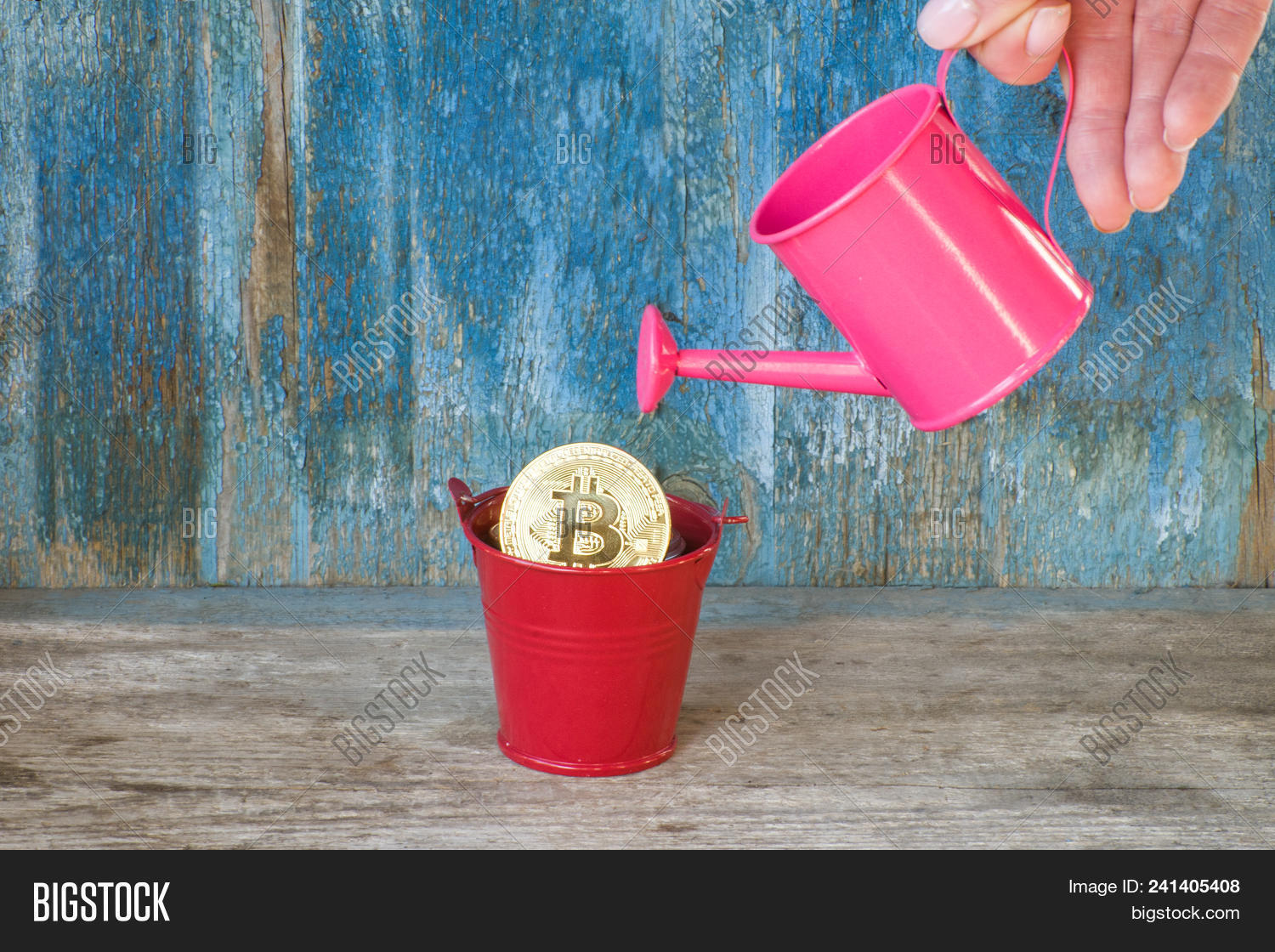 Little Watering Can Image Photo Free Trial Stock Little Watering Can In A Female Hand The Bitcoin Old Wooden Background Business