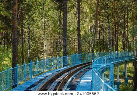 Railway In The Beautiful Forest Of Pines And Penetrating Rays Of The Sun In The Summer