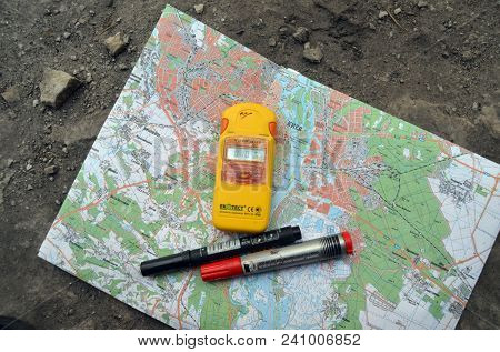 The study of the radiactive zones of Kiev. The radiometer Terra-P shows the normal level. May 16, 2018. Kiev,Ukraine
