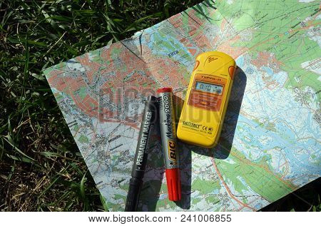 The study of the radiactive zones of Kiev. The radiometer Terra-P shows the normal level. May 16, 2018. Kiev,Ukraine