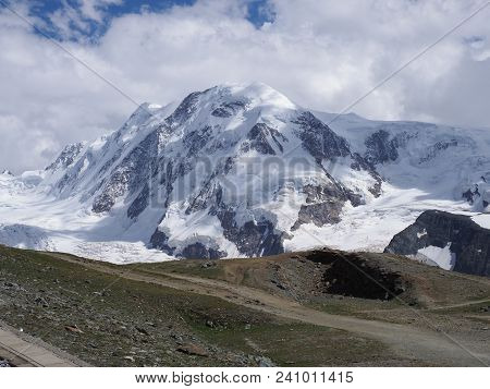 High Lyskamm Massif Landscapes, Glacier At Monte Rosa Swiss Alpine Mountain In Alps, Switzerland Fro