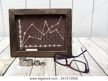 Russian Rubles, Glasses And A Board With A Drawn Schedule. The Dynamics Of Price Growth