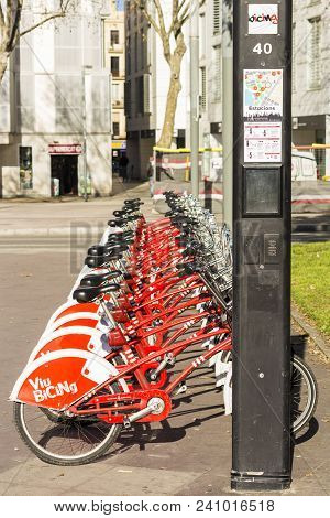 Barcelona, Spain - February 09, 2017 -bicycle Of The Bicing Service In Barcelona Sponsored By Vodafo