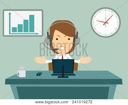 Smiling Female Operator With Headset Working At Call Center. Customer Service Concept. Stock Flat Ve