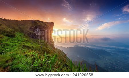 Beautiful Landscape Of Phu Chi Fa At Sunrise. Phu Chi Fa National Park In Chiang Rai Province, Thail