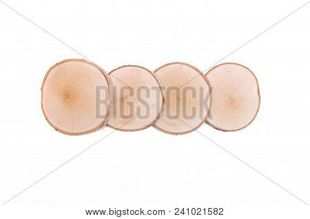 Sawn Birch Wooden Logs On Round Discs Isolated On White Background.