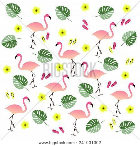 Pink Flamingo Seamless Pattern On White Background. Perfect For Banners, Cards, Fabric And Decor. Ve