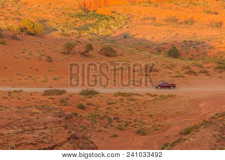 Off- Road On A Duty Road Through The Monument Valley. Tour To The Landmarks Of The Wild West Usa. Na