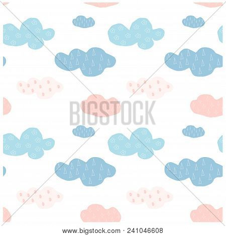 Bright Blue And Pink Clouds On White Seamless Pattern Stock Vector Illustration, Design Element For 