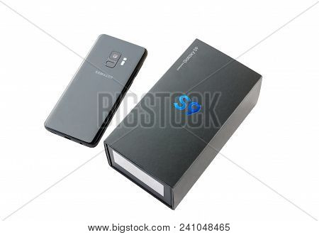 March 2018. Samsung Galaxy S9 Close-up On A White Background. A New Smartphone From Samsung And A Bo