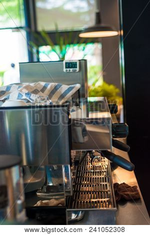 Coffee Making  Espresso Pouring From Coffee Machine. Preparation Baverage Concept