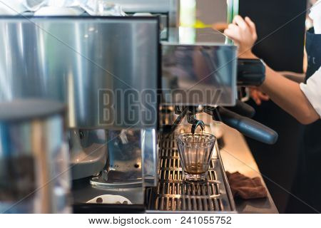 Barista Hand Make Baverage From Coffee Machine In Coffee Shop