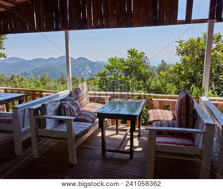 The Open Air Terrace With The View On Sea In Rustic Cafe Of Yoruk Park, Kemer, Turkey.