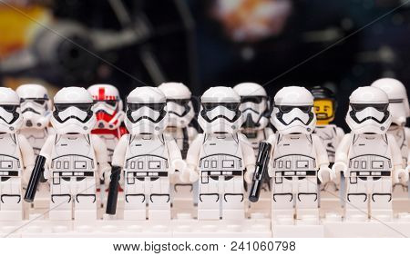 RUSSIA, May 16, 2018. Constructor Lego Star Wars. Mini-figures of soldiers of storm troopers from different episodes of the saga