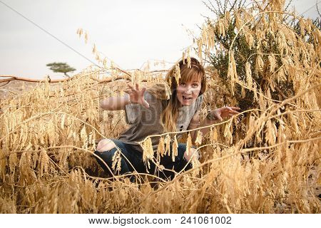 Girl Have Fun In Desert In A Summer Day