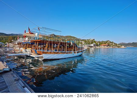 City Dock Of Boats. Marine Parking Of Boats And Yachts In Kekova Is A Sunken City In Turkey.