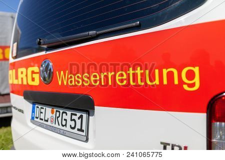Delmenhorst / Germany - May 6, 2018: German Vw Volkswagen Transporter From Dlrg Wasserrettung Stands