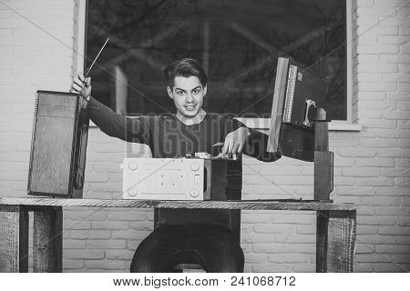Repairman Or Smiling Man Fix System Unit Of Computer Device And With Monitor Screen Or Display Screw