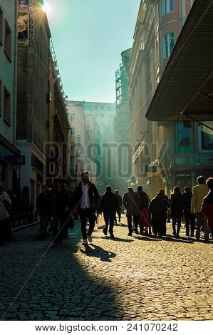Istanbul, Turkey - January 06, 2018: People Walking In Touristic Eminonu District Of Istanbul, Turke