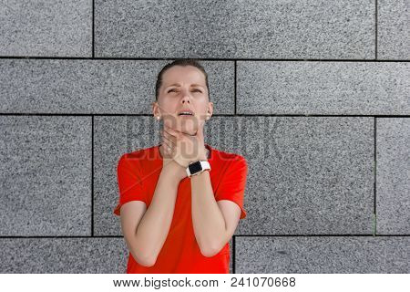 Throat Pain. Beautiful Woman Having Sore Throat, Feeling Sick. Unhappy Ill Female Suffering From Pai