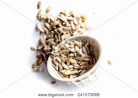 Edible Dried Raw Organic Seeds Of Musk Melon Or Cantaloupe Or Tati Or Honeydew  Isolated On White.