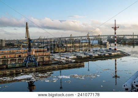 Saint-petersburg.russia.6 April 2018. Cranes  And Ships In The Marine Cargo Port Of Saint-petersburg
