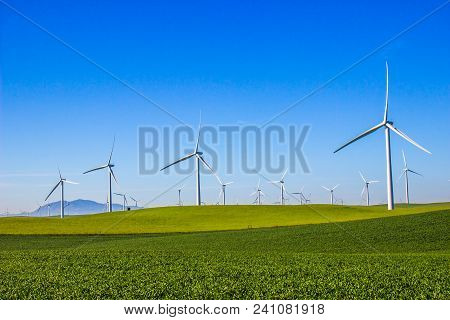Three Bladed Energy Producing Windmills In Foothills