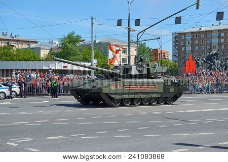 Moscow, May, 9, 2018: Great Victory Holiday Parade Of Russian Military Vehicles. Tanks On City Stree