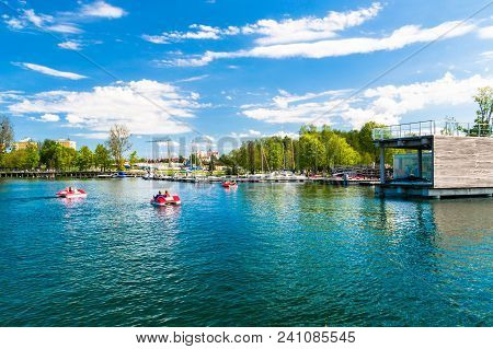 Olsztyn, Poland - May 1, 2018: Pedalos On On Ukiel Lake.