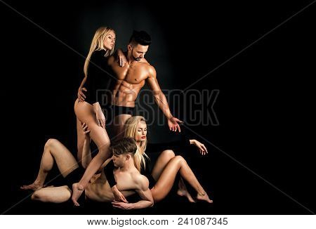Sensual Love Game. Couple In Love. Men With Muscular Body And Twins, Relations. Men And Twins Women 