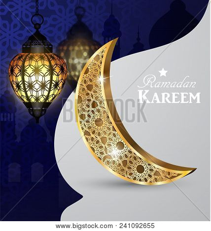 Ramadan Greetings Gold Moon On A Dark Background With Paper Ornament And Maroccan Lanterns