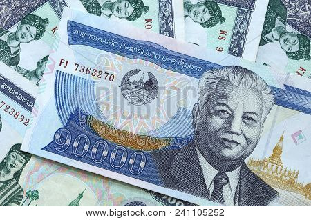 Close Up Of Laos Money Kip Banknotes