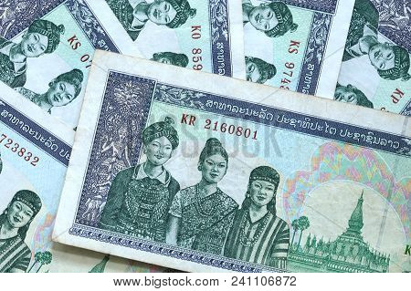 Close Up Of Laos Money Kip Banknotes