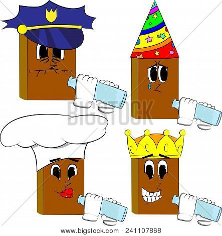 Books Drinkig Water From A Glass Bottle. Cartoon Book Collection With Costume Faces. Expressions Vec