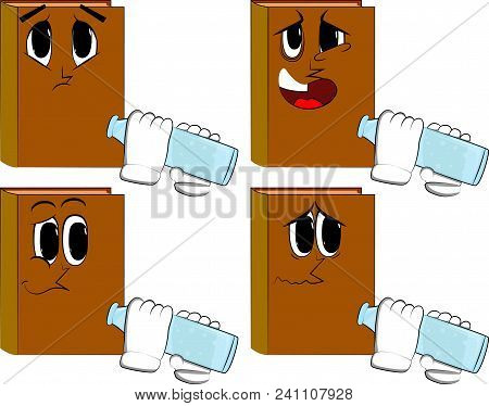 Books Drinkig Water From A Glass Bottle. Cartoon Book Collection With Sad Faces. Expressions Vector 